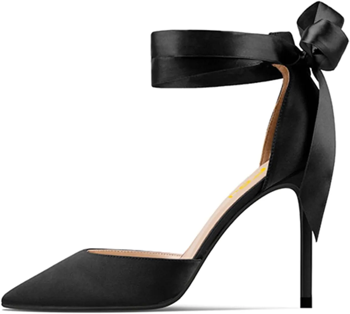 FSJ Women Closed Pointed Toe Heeled Sandals Lace Up Silk Ankle Tie Strap Sexy Strappy Stiletto Evening Party Dress Shoes Size 4-15 US