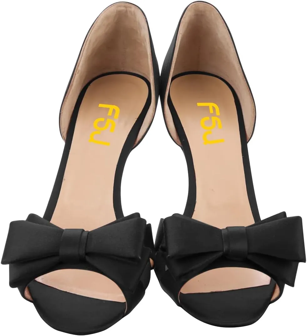 FSJ Women Cute Bowtie Peep Toe Kitten Mid Heel Pumps Slip On D'Orsay Satin Evening Prom Dress Shoes Size 4-15 US