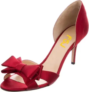 FSJ Women Cute Bowtie Peep Toe Kitten Mid Heel Pumps Slip On D'Orsay Satin Evening Prom Dress Shoes Size 4-15 US