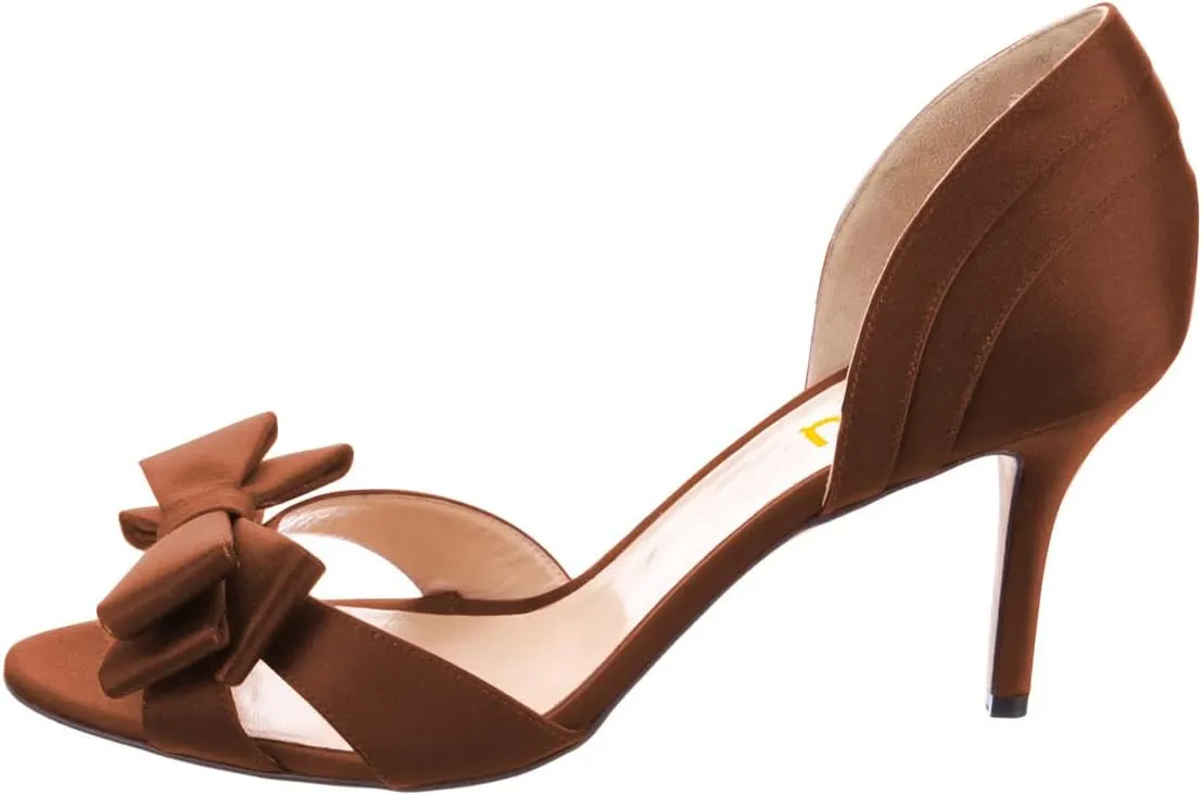 FSJ Women Cute Bowtie Peep Toe Kitten Mid Heel Pumps Slip On D'Orsay Satin Evening Prom Dress Shoes Size 4-15 US