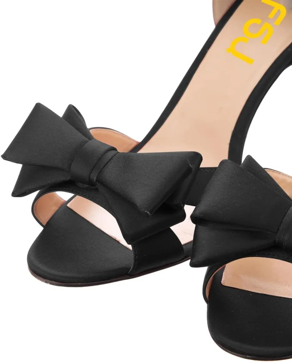 FSJ Women Cute Bowtie Peep Toe Kitten Mid Heel Pumps Slip On D'Orsay Satin Evening Prom Dress Shoes Size 4-15 US