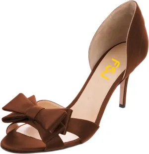 FSJ Women Cute Bowtie Peep Toe Kitten Mid Heel Pumps Slip On D'Orsay Satin Evening Prom Dress Shoes Size 4-15 US