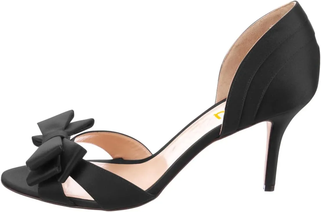 FSJ Women Cute Bowtie Peep Toe Kitten Mid Heel Pumps Slip On D'Orsay Satin Evening Prom Dress Shoes Size 4-15 US