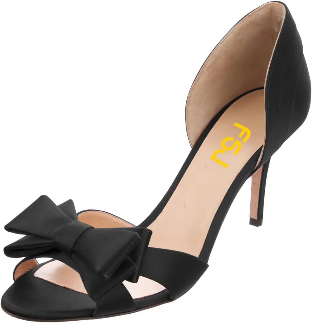 FSJ Women Cute Bowtie Peep Toe Kitten Mid Heel Pumps Slip On D'Orsay Satin Evening Prom Dress Shoes Size 4-15 US