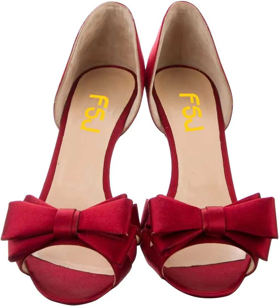 FSJ Women Cute Bowtie Peep Toe Kitten Mid Heel Pumps Slip On D'Orsay Satin Evening Prom Dress Shoes Size 4-15 US
