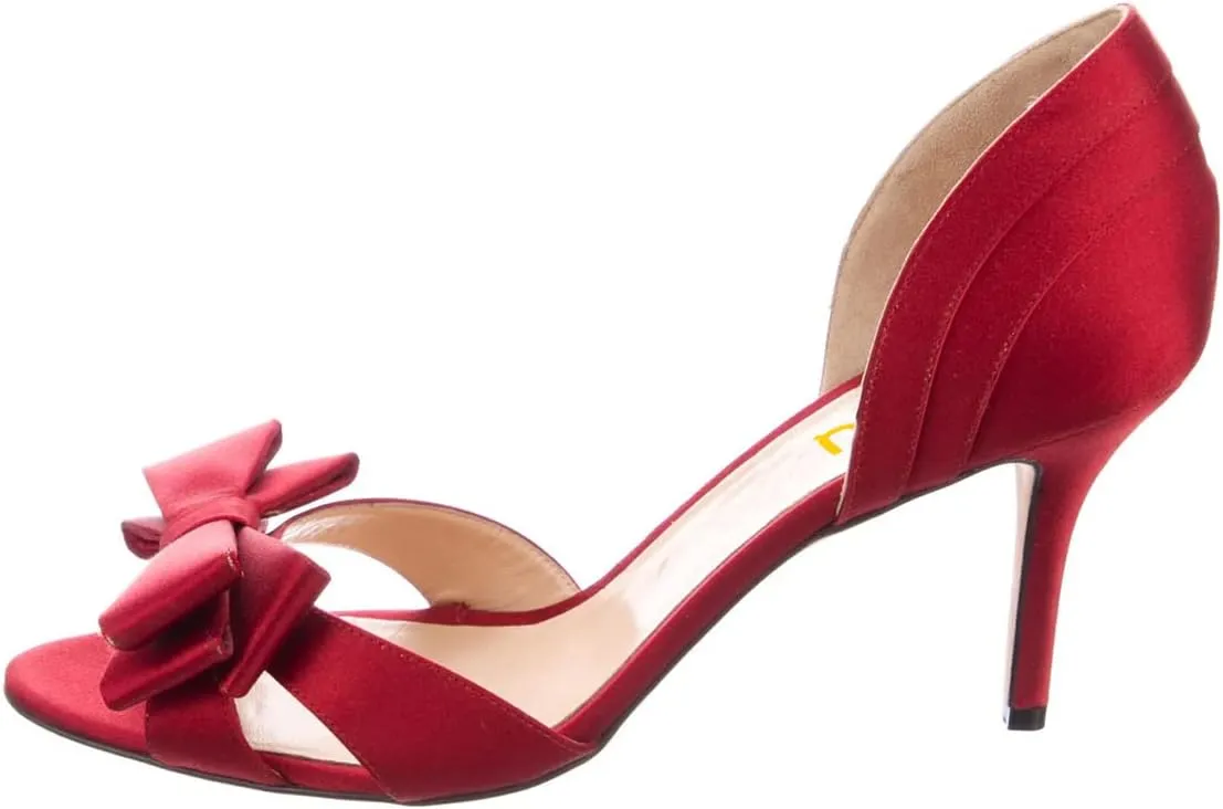 FSJ Women Cute Bowtie Peep Toe Kitten Mid Heel Pumps Slip On D'Orsay Satin Evening Prom Dress Shoes Size 4-15 US
