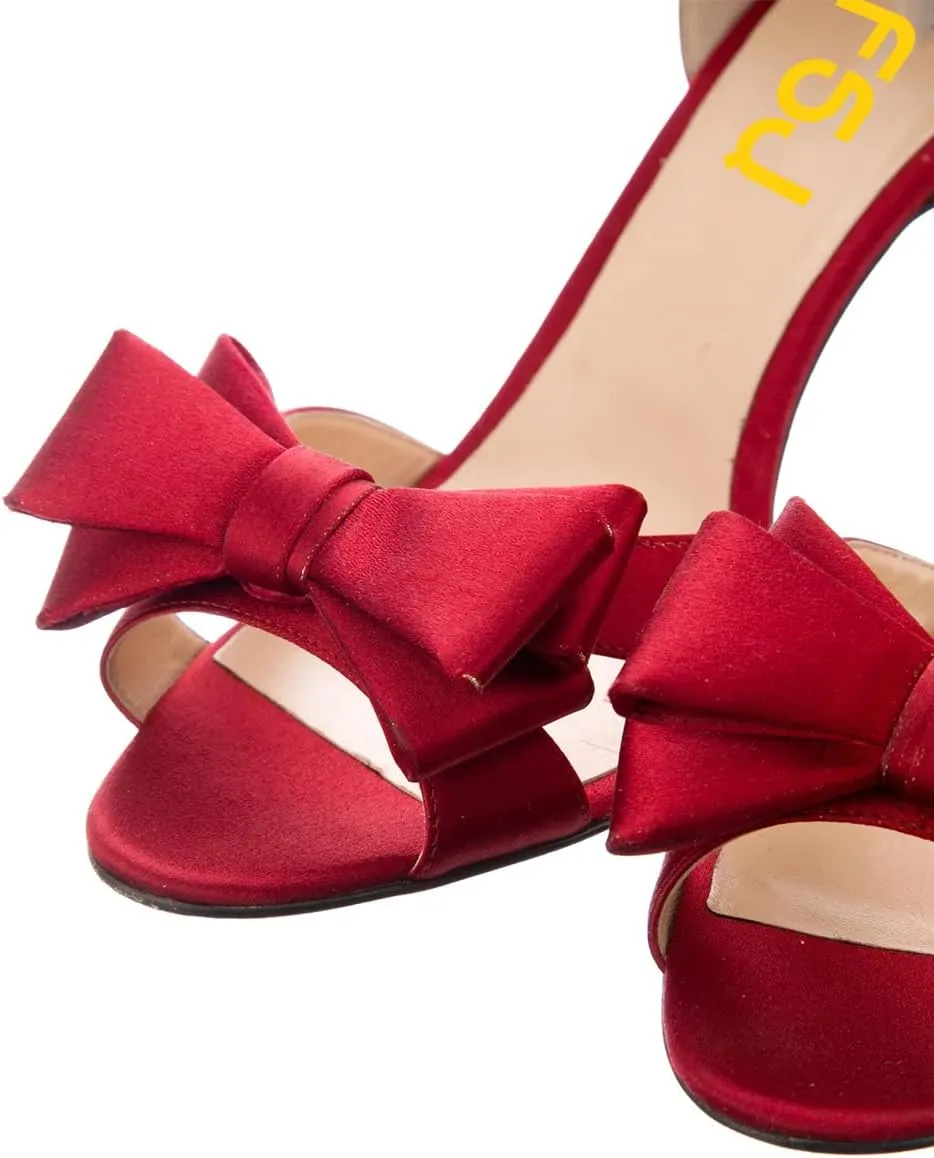 FSJ Women Cute Bowtie Peep Toe Kitten Mid Heel Pumps Slip On D'Orsay Satin Evening Prom Dress Shoes Size 4-15 US