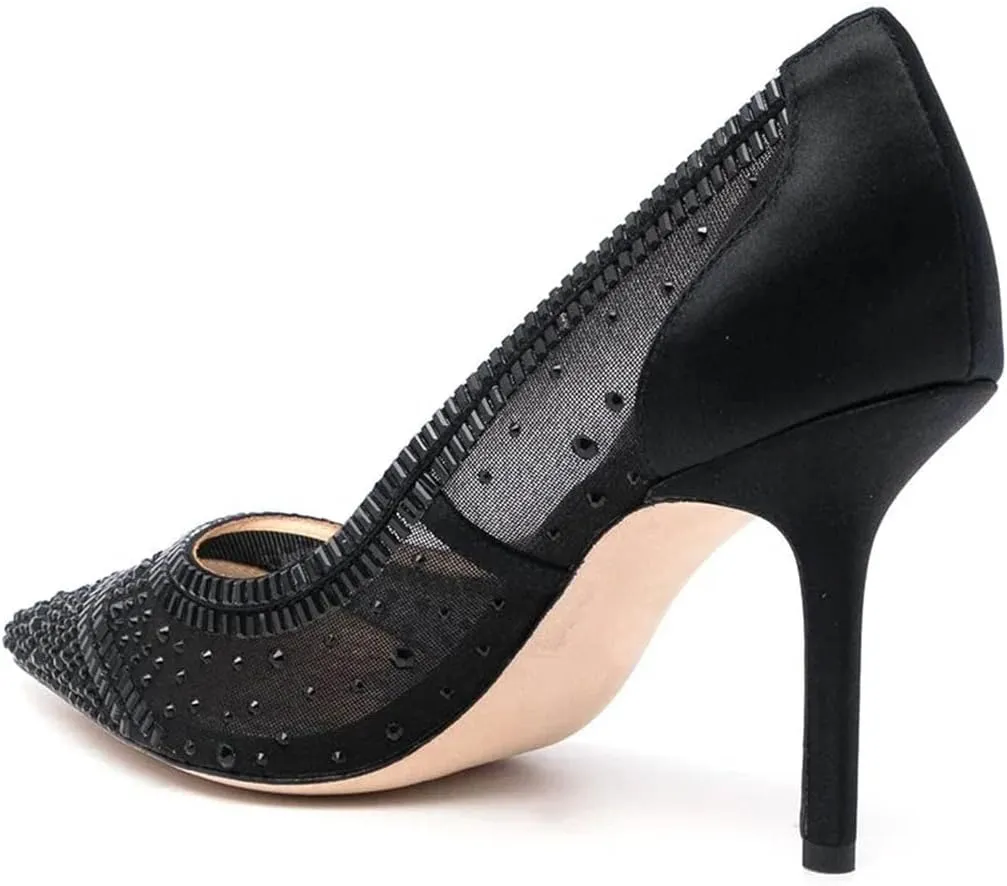 FSJ Women Wedding Rhinestones Mesh Satin High Heel Pumps Pointy Toe Stiletto Slip On Comfort Lace Sequins Bridal Dress Evening Shoes Size 4-15 US
