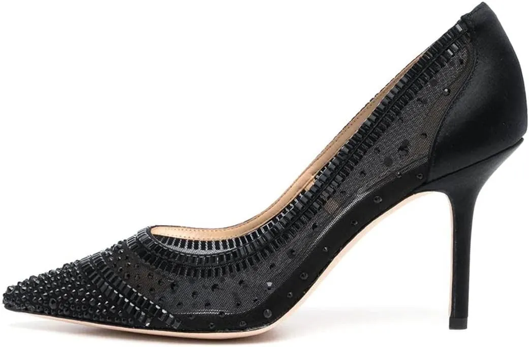 FSJ Women Wedding Rhinestones Mesh Satin High Heel Pumps Pointy Toe Stiletto Slip On Comfort Lace Sequins Bridal Dress Evening Shoes Size 4-15 US