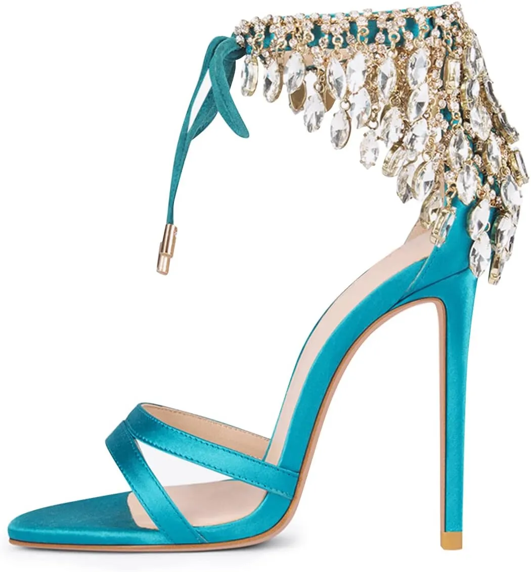 FSJ Women's Wedding Crystal Tassel Back High Heel Sandals Stiletto Heeled Open Toe Lace Up Rhinestone Sandals Dress Party Pumps Shoes Size 4-15 US