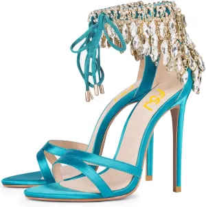 FSJ Women's Wedding Crystal Tassel Back High Heel Sandals Stiletto Heeled Open Toe Lace Up Rhinestone Sandals Dress Party Pumps Shoes Size 4-15 US