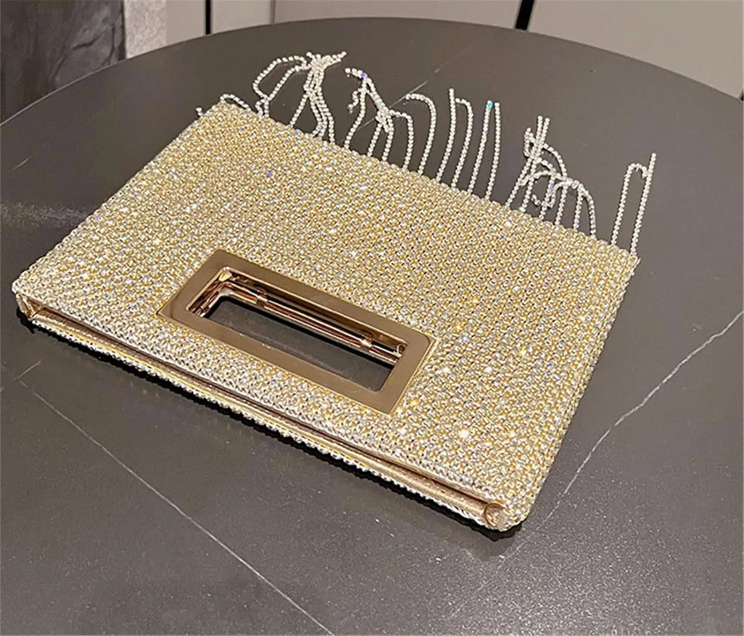 FURINFASHION GR-27 Woman's Tassel Shiny Rhinestones Handbag With Long Crystal Tassels Bag Wedding Ball Party Show Handbags Square Purse (One Size, Gold)