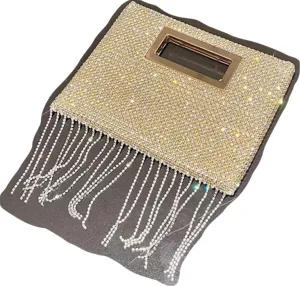 FURINFASHION GR-27 Woman's Tassel Shiny Rhinestones Handbag With Long Crystal Tassels Bag Wedding Ball Party Show Handbags Square Purse (One Size, Gold)