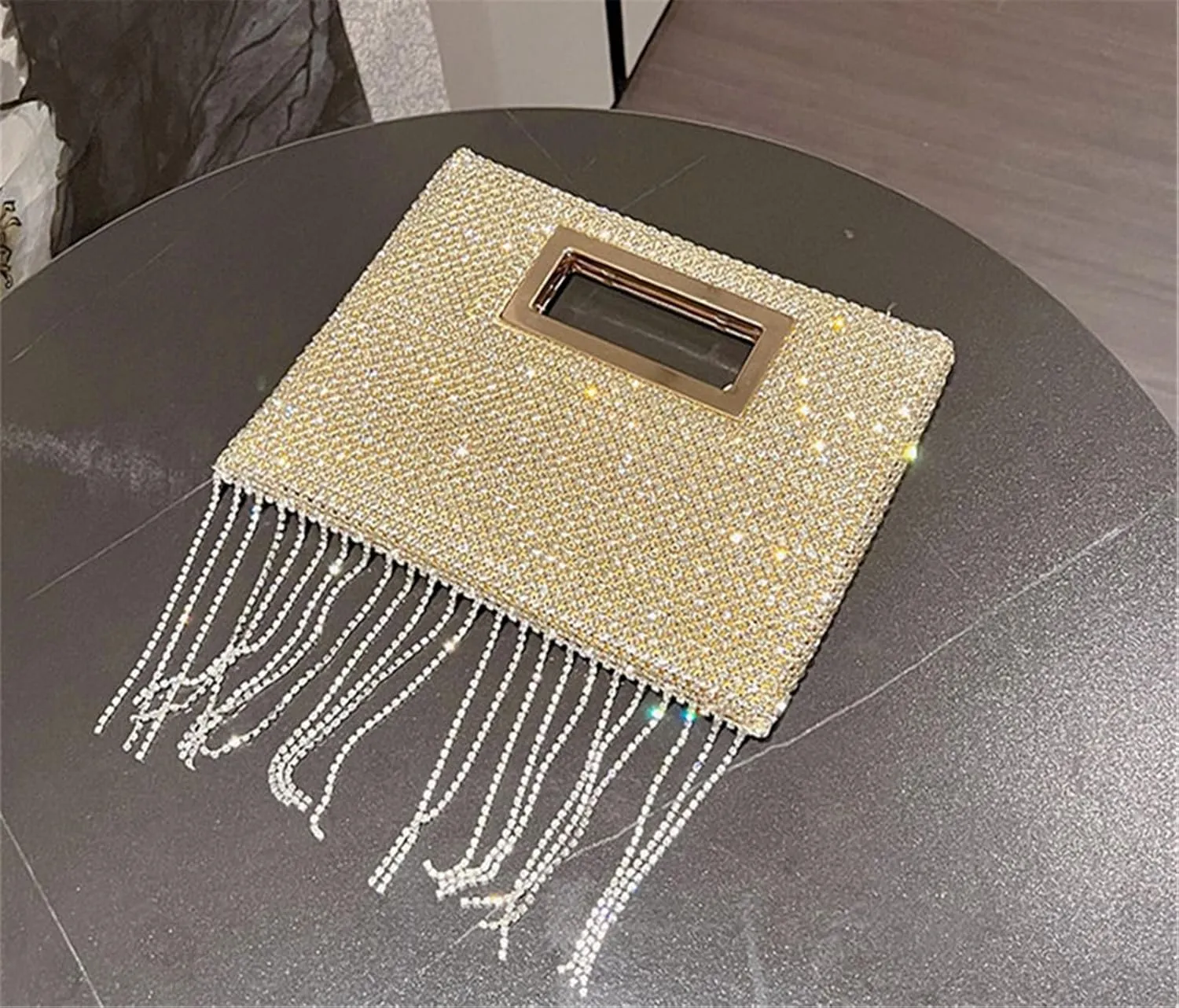 FURINFASHION GR-27 Woman's Tassel Shiny Rhinestones Handbag With Long Crystal Tassels Bag Wedding Ball Party Show Handbags Square Purse (One Size, Gold)