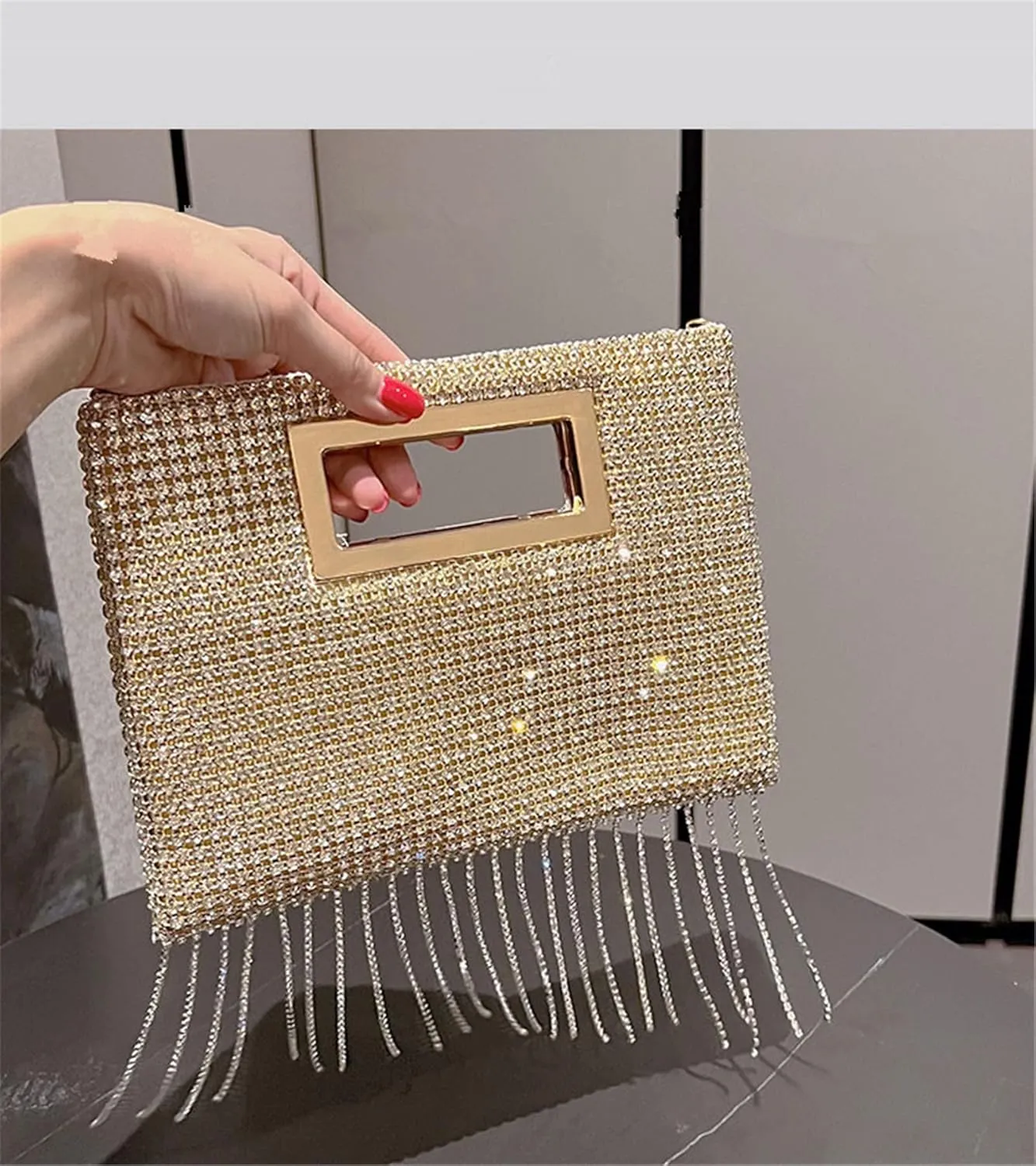 FURINFASHION GR-27 Woman's Tassel Shiny Rhinestones Handbag With Long Crystal Tassels Bag Wedding Ball Party Show Handbags Square Purse (One Size, Gold)