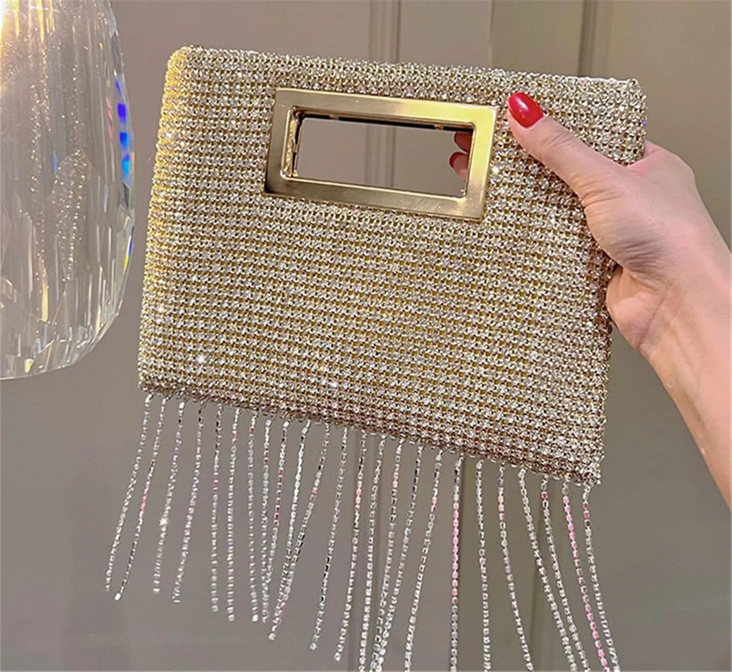 FURINFASHION GR-27 Woman's Tassel Shiny Rhinestones Handbag With Long Crystal Tassels Bag Wedding Ball Party Show Handbags Square Purse (One Size, Gold)