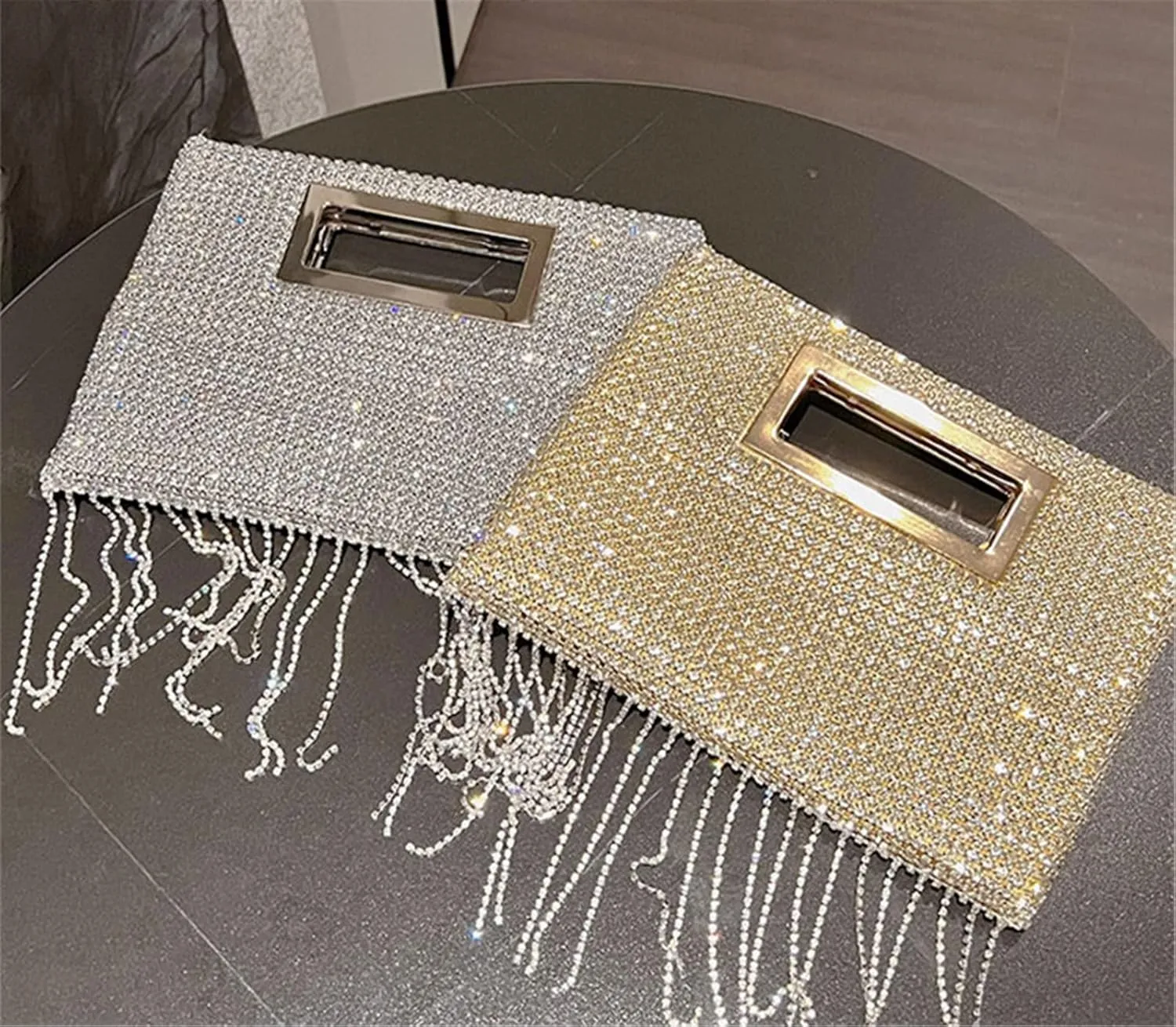 FURINFASHION GR-27 Woman's Tassel Shiny Rhinestones Handbag With Long Crystal Tassels Bag Wedding Ball Party Show Handbags Square Purse (One Size, Gold)