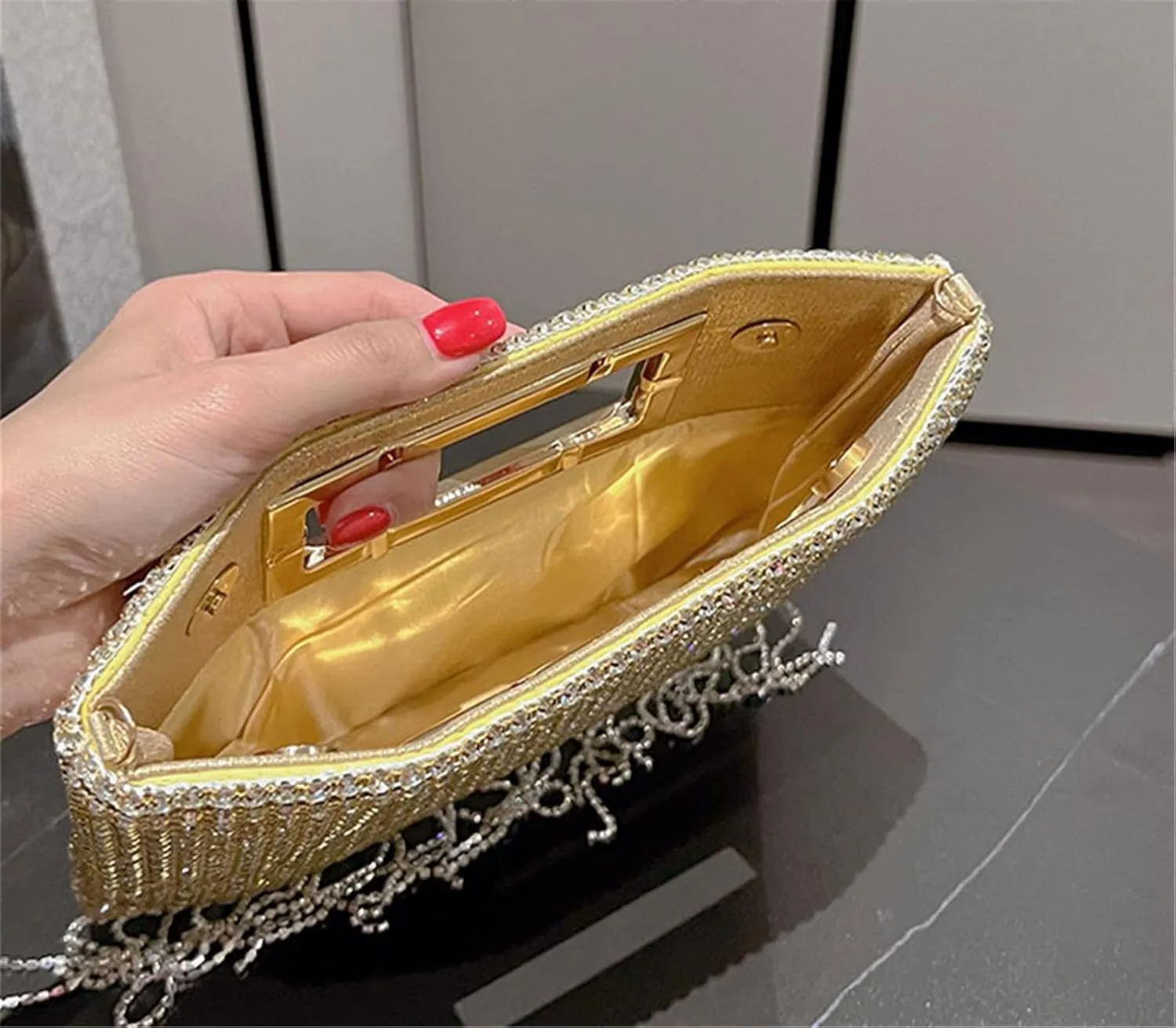FURINFASHION GR-27 Woman's Tassel Shiny Rhinestones Handbag With Long Crystal Tassels Bag Wedding Ball Party Show Handbags Square Purse (One Size, Gold)