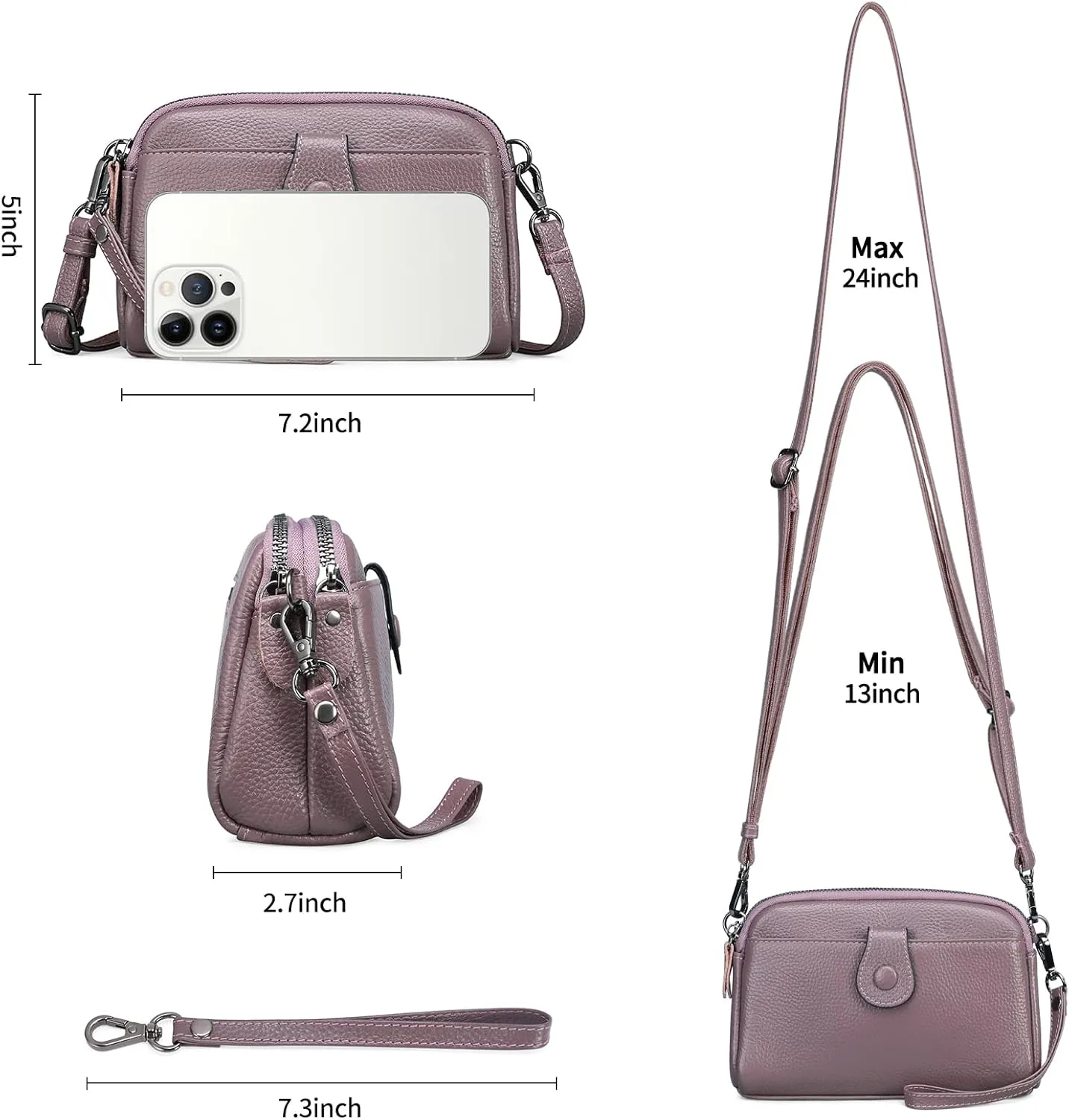 GAEKEAO Crossbody Bags for Women Small Genuine Leather Shoulder Purse Cross Body Bag with Wristlet Top Zipper