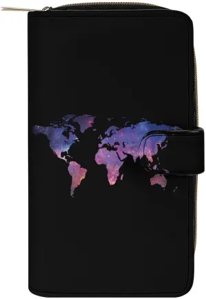 Galaxy World Map Leather Wallets for Men Women Zipped Clutch Purse Travel Handbag Card Case Wallet