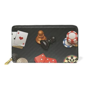 Game Icons Cards Turntable Pingpong Red Sieve on Black Women Leather Zipper Long Wallet, Coin Clutch Pouch Pocket Key CardLarge Capacity Organizer Slim Cover Case Change Purse Holder