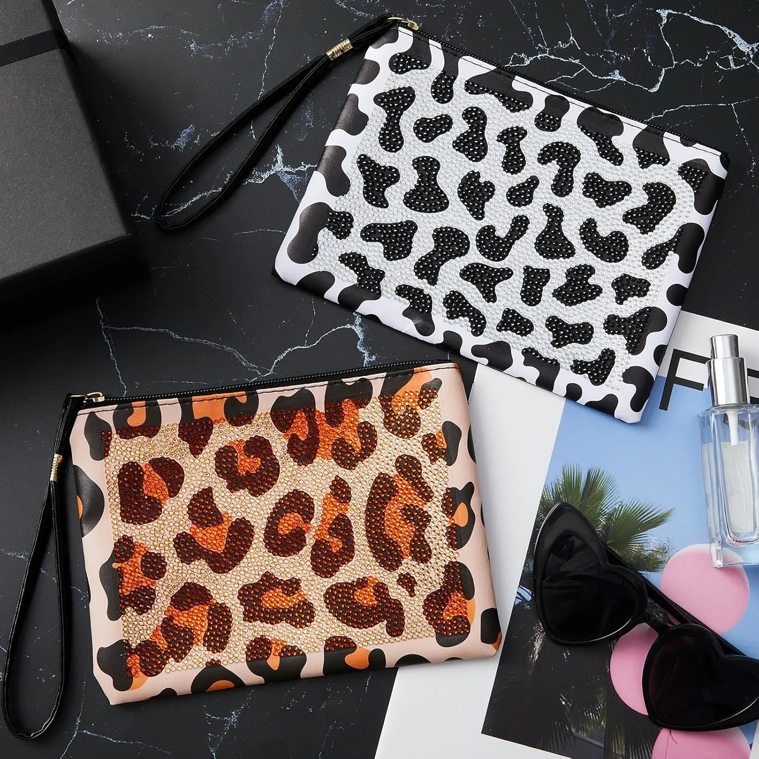 Geyoga 2 Pcs Diamond Painting Purses 5D DIY Diamond Painting Handbag Diamond Art Wristlet Clutch Bag for Women Makeup Gift (Animal Skin Style)