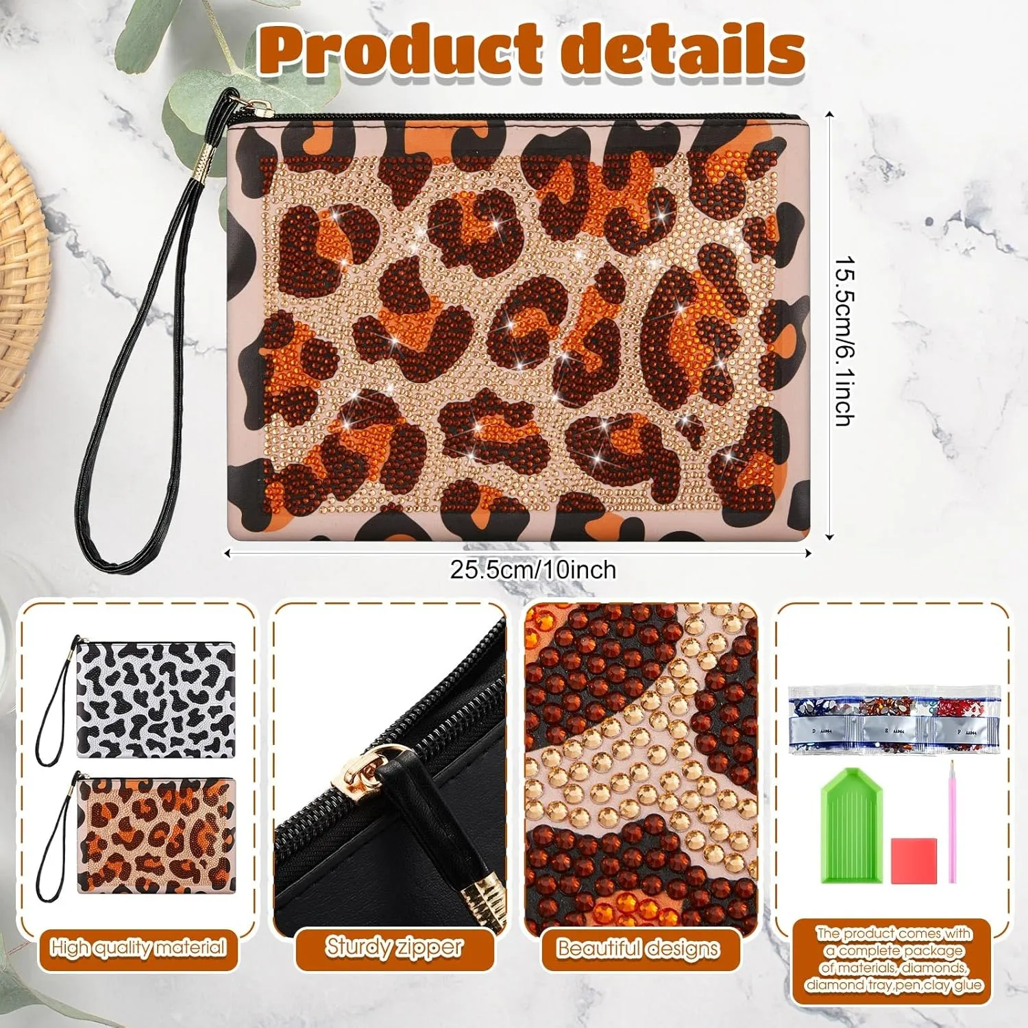 Geyoga 2 Pcs Diamond Painting Purses 5D DIY Diamond Painting Handbag Diamond Art Wristlet Clutch Bag for Women Makeup Gift (Animal Skin Style)