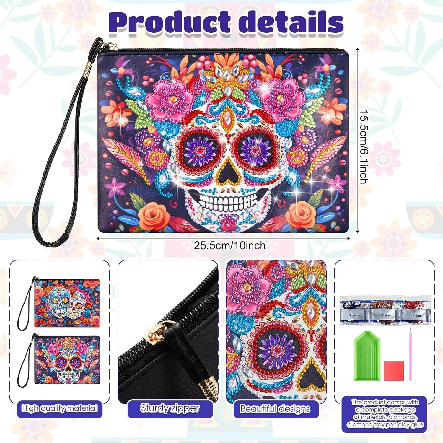 Geyoga 2 Pcs Painting Purses 5D DIY Painting Handbag Art Wristlet Clutch Bag for Women Makeup Gift (Skull)