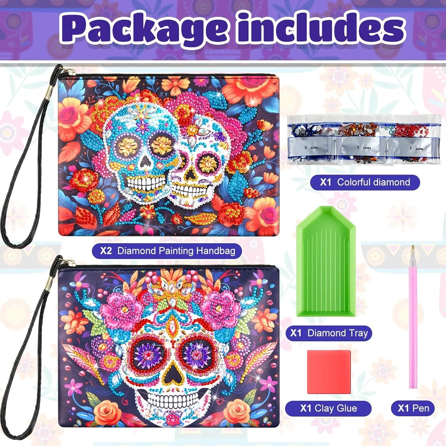 Geyoga 2 Pcs Painting Purses 5D DIY Painting Handbag Art Wristlet Clutch Bag for Women Makeup Gift (Skull)