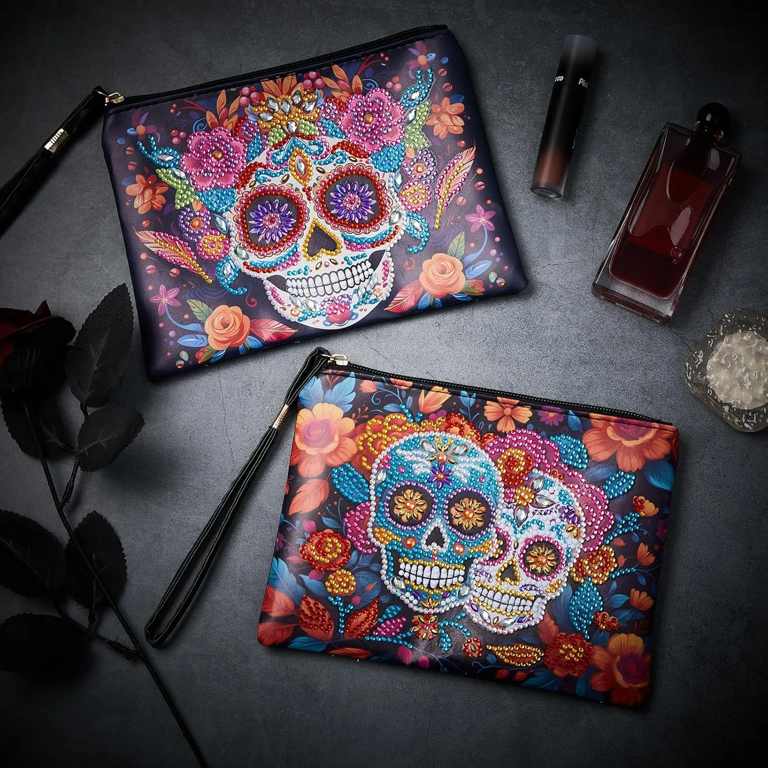 Geyoga 2 Pcs Painting Purses 5D DIY Painting Handbag Art Wristlet Clutch Bag for Women Makeup Gift (Skull)