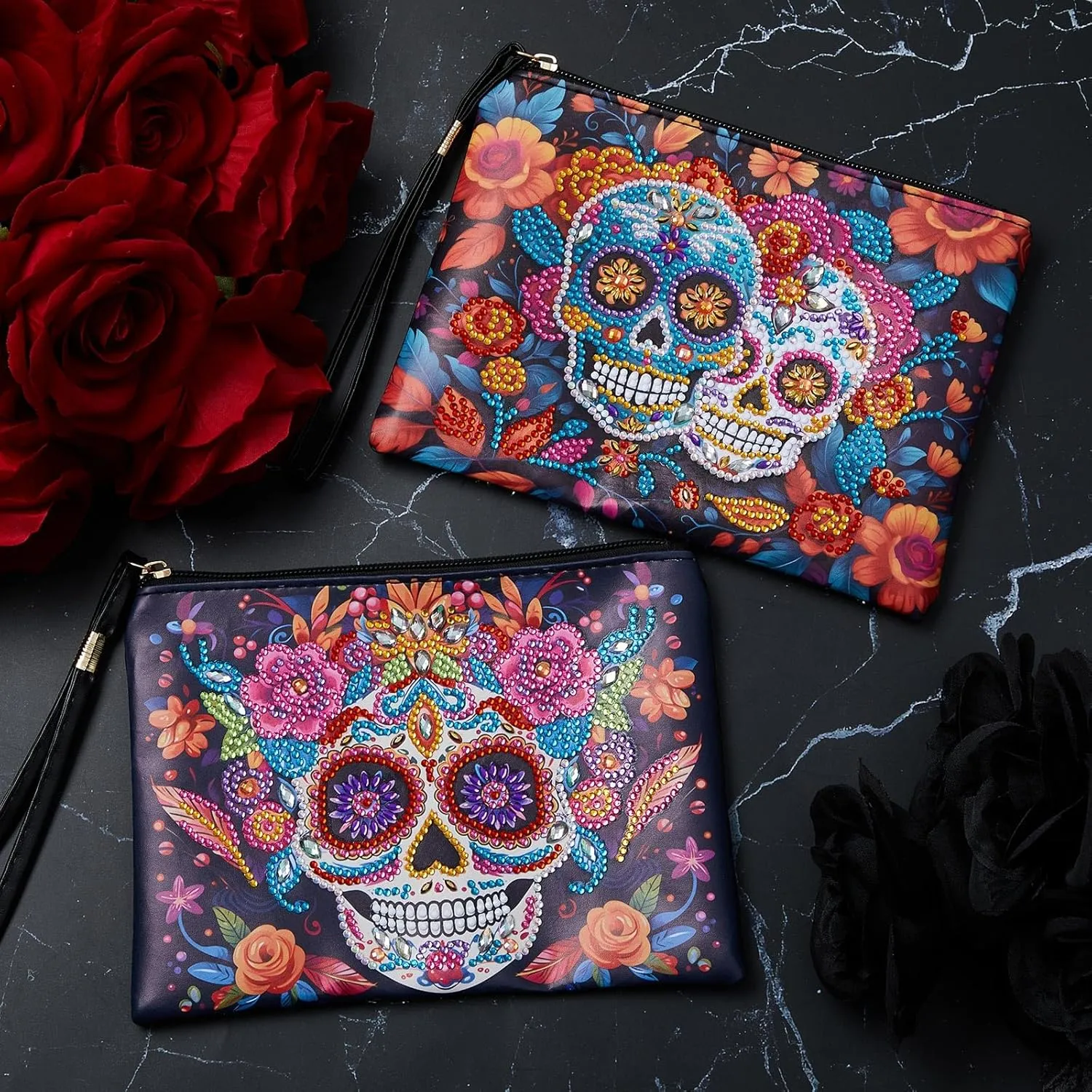 Geyoga 2 Pcs Painting Purses 5D DIY Painting Handbag Art Wristlet Clutch Bag for Women Makeup Gift (Skull)