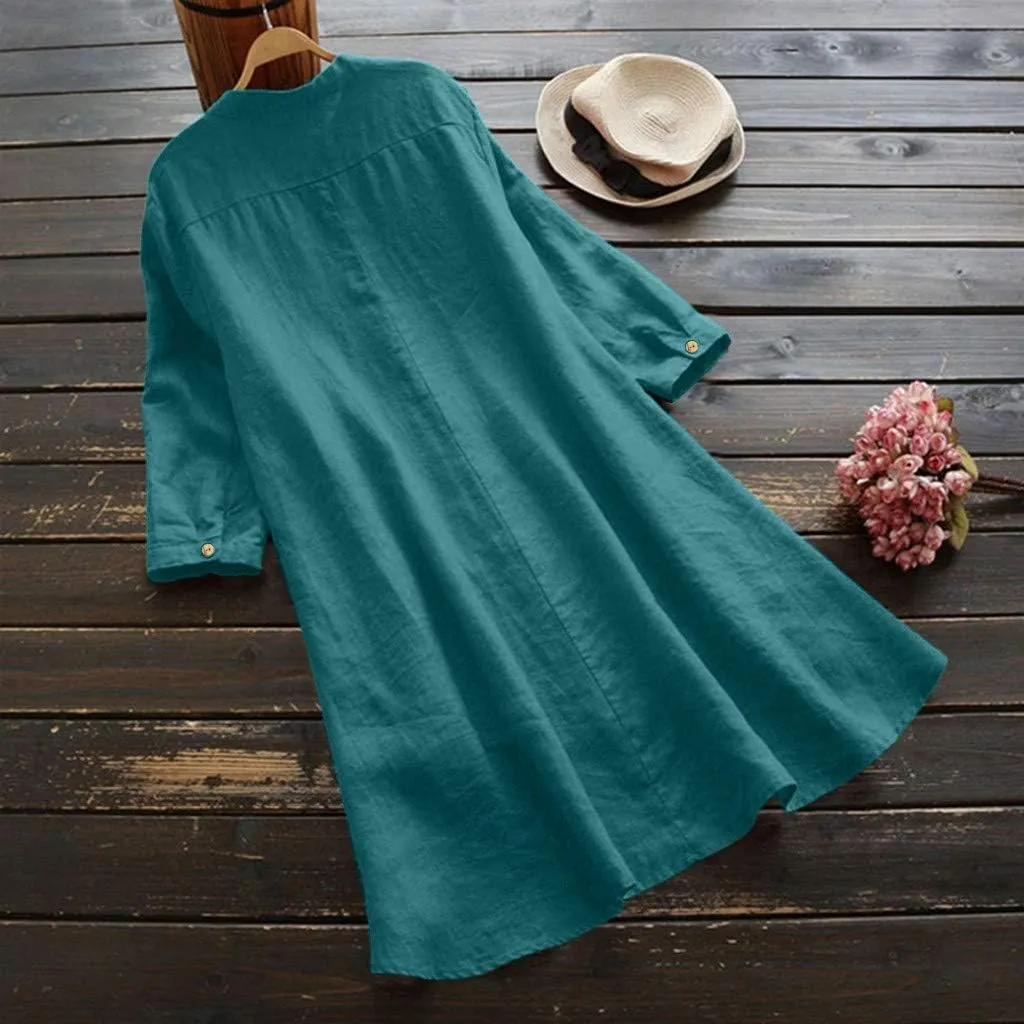 GIERIDUC Women's Linen Shirts Solid Plain Longline T-Shirt Oversized Button Down Long Tunic Tops Plus Size Blouse with Pocket