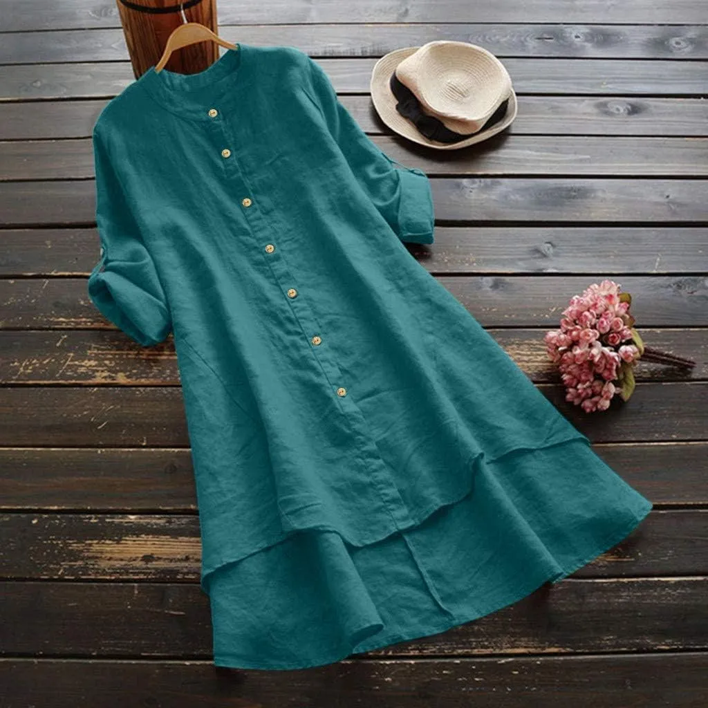 GIERIDUC Women's Linen Shirts Solid Plain Longline T-Shirt Oversized Button Down Long Tunic Tops Plus Size Blouse with Pocket