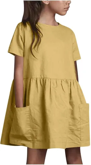 Girls Linen Dress Summer Casual Dresses Short Sleeve Tshirt Dress Knee Length Crewneck Dresses Comfy with Pockets