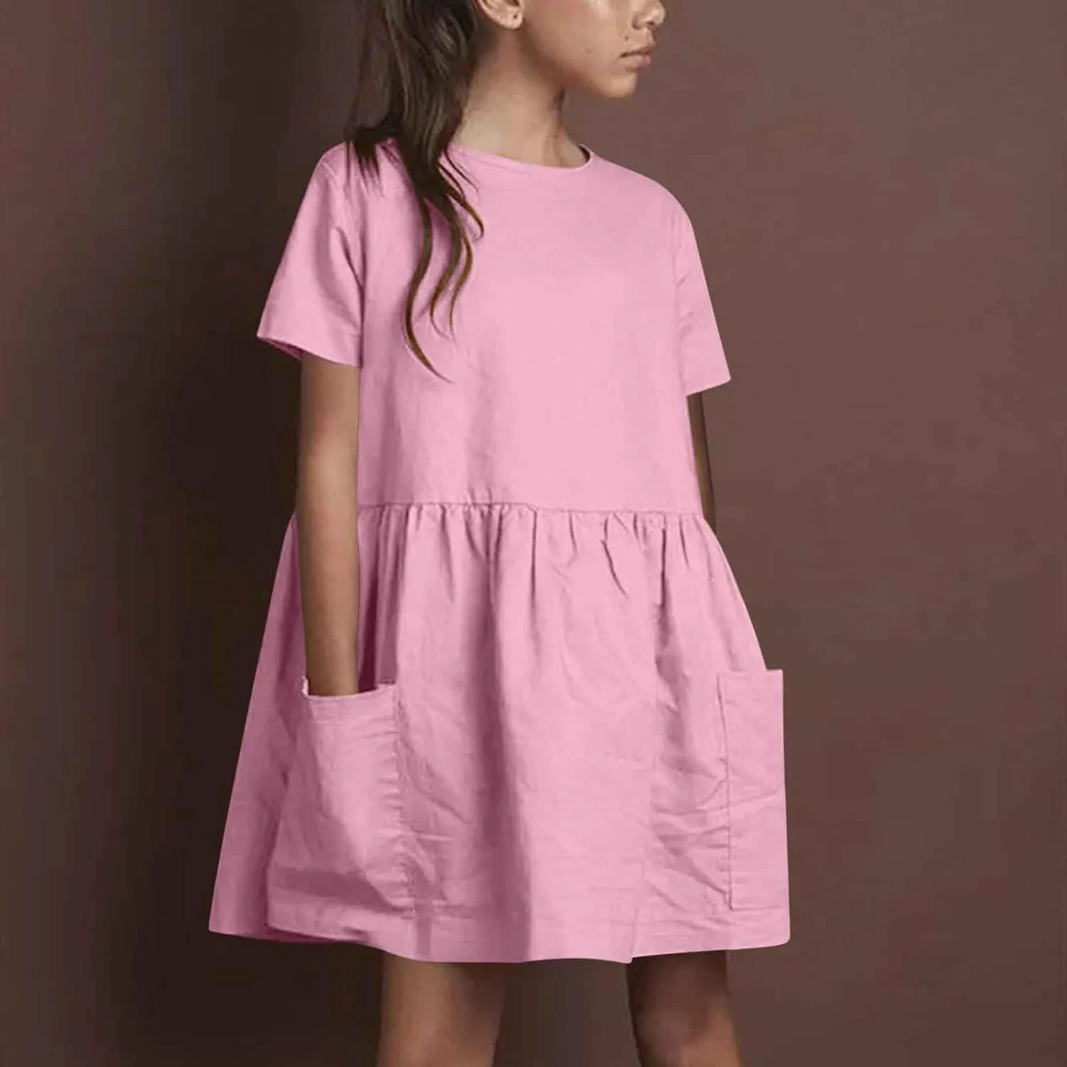 Girls Linen Dress Summer Casual Dresses Short Sleeve Tshirt Dress Knee Length Crewneck Dresses Comfy with Pockets