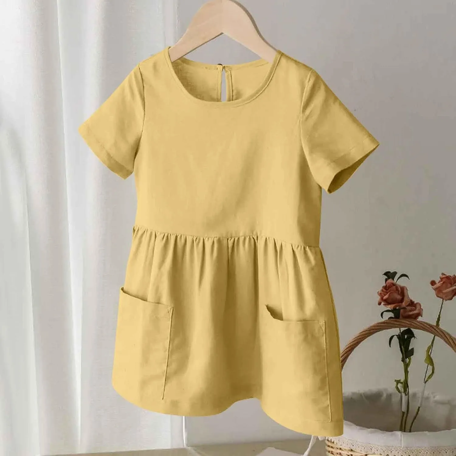 Girls Linen Dress Summer Casual Dresses Short Sleeve Tshirt Dress Knee Length Crewneck Dresses Comfy with Pockets