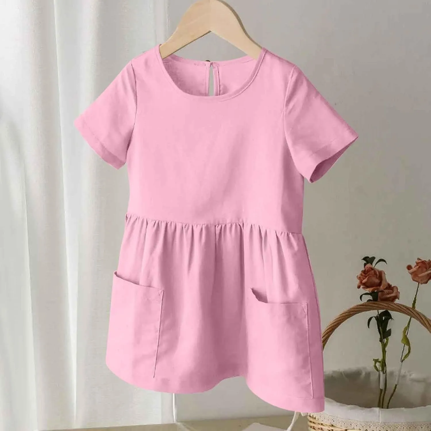 Girls Linen Dress Summer Casual Dresses Short Sleeve Tshirt Dress Knee Length Crewneck Dresses Comfy with Pockets