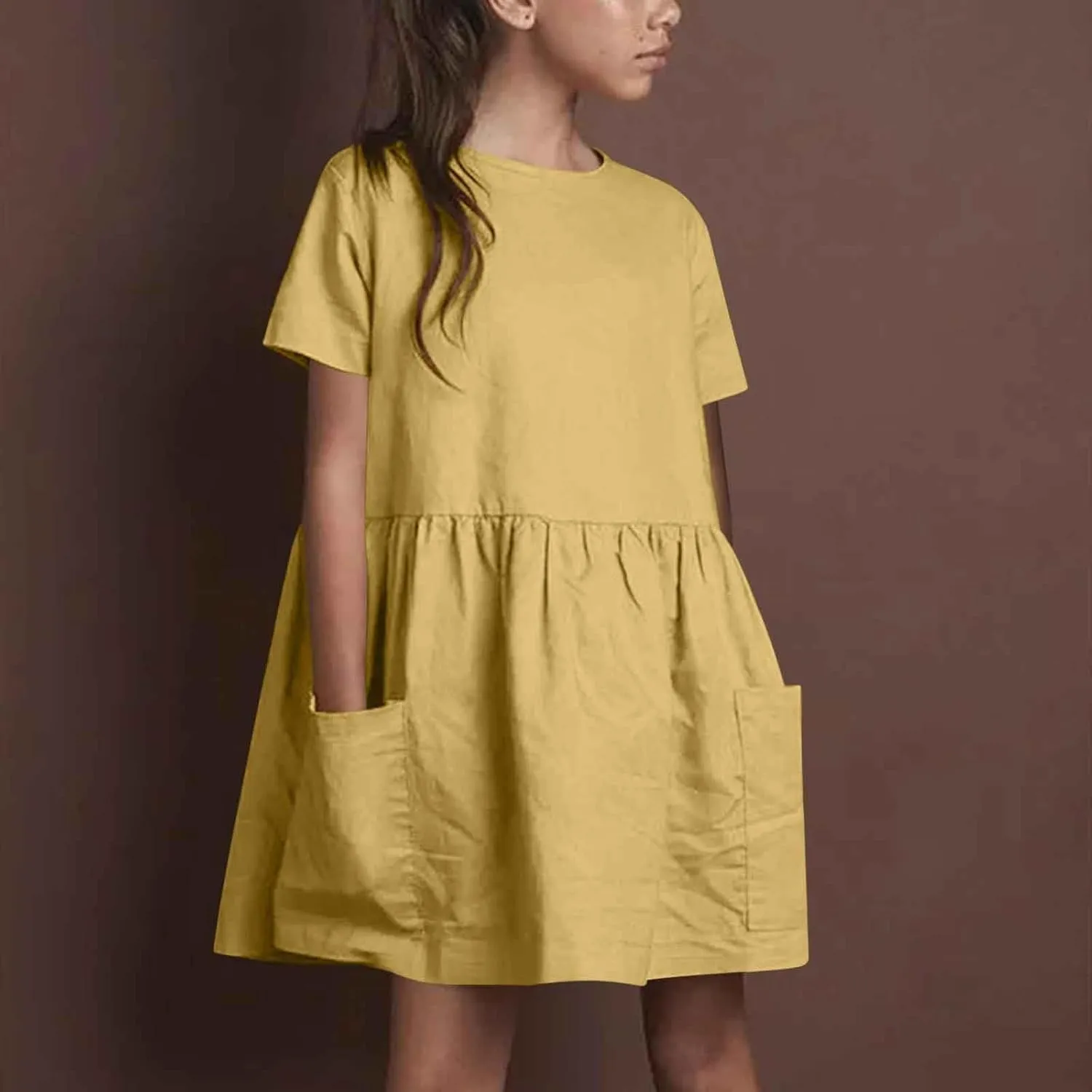 Girls Linen Dress Summer Casual Dresses Short Sleeve Tshirt Dress Knee Length Crewneck Dresses Comfy with Pockets