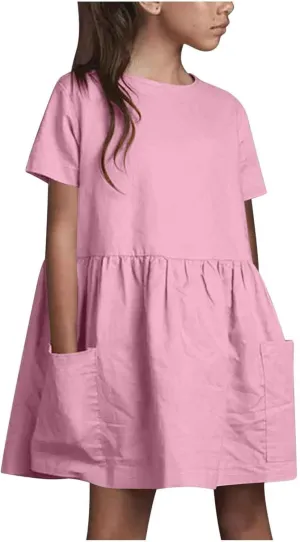 Girls Linen Dress Summer Casual Dresses Short Sleeve Tshirt Dress Knee Length Crewneck Dresses Comfy with Pockets