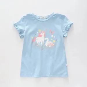 Girl's Pastel Blue Unicorn And Swan T-Shirt