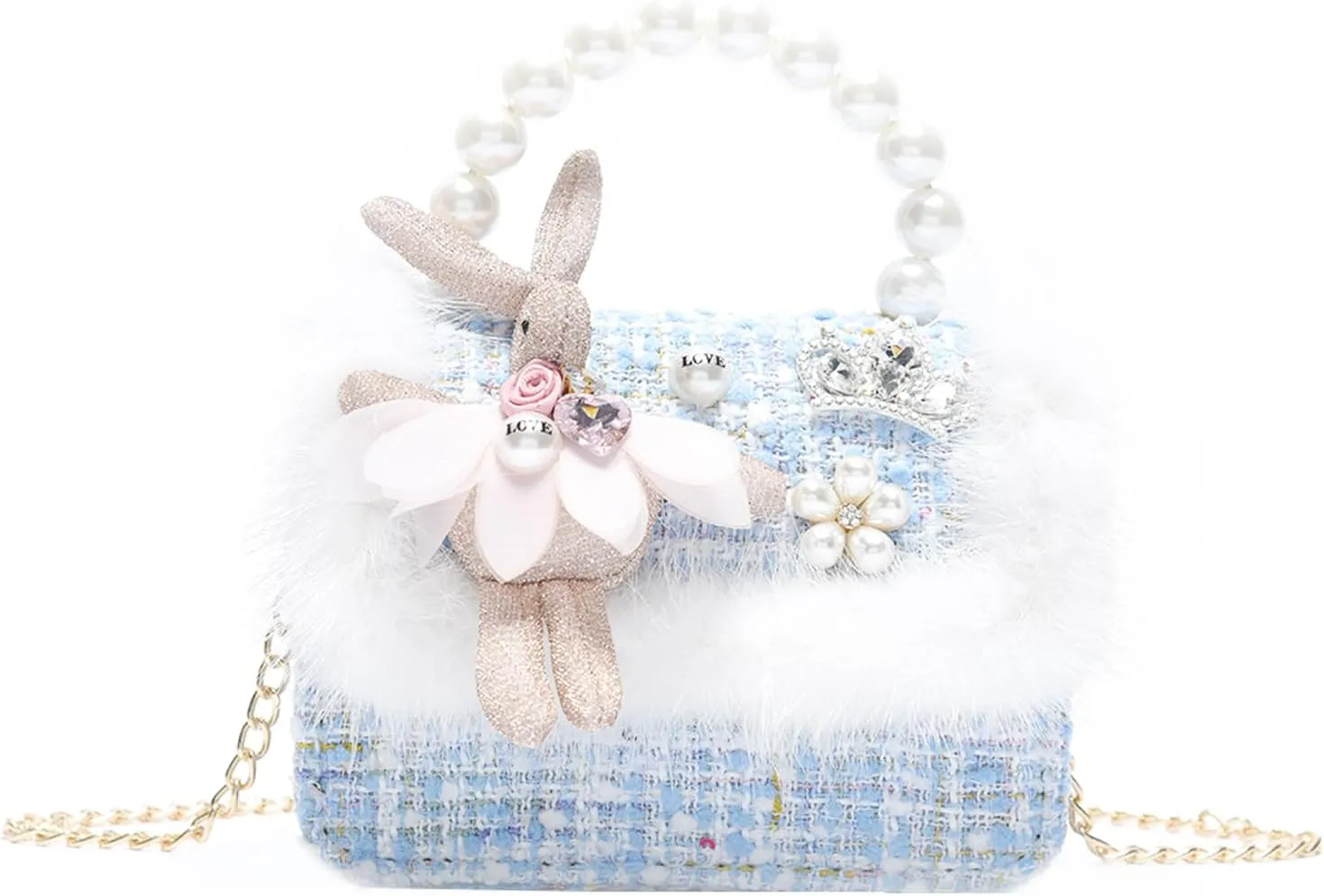 Girls Princess Bunny Purses Cute Crown Crossbody Bag Handbag with Pearl Handle for girls