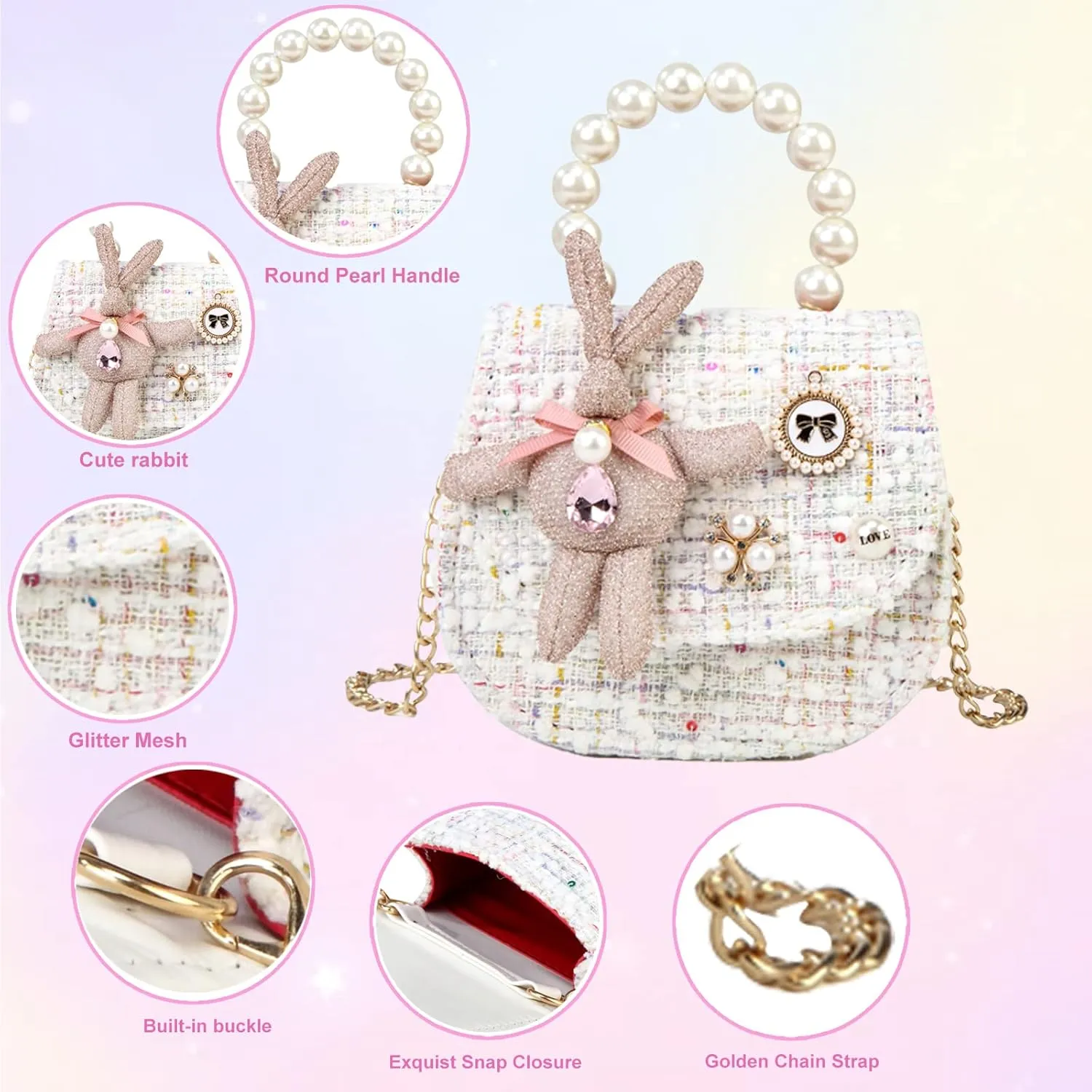 Girls Princess Bunny Purses Cute Crown Crossbody Bag Handbag with Pearl Handle for girls