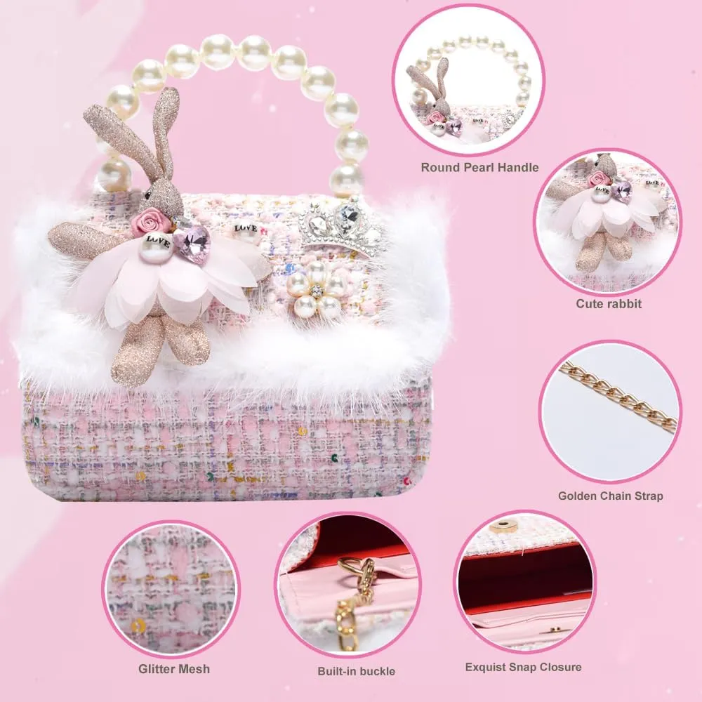 Girls Princess Bunny Purses Cute Crown Crossbody Bag Handbag with Pearl Handle for girls