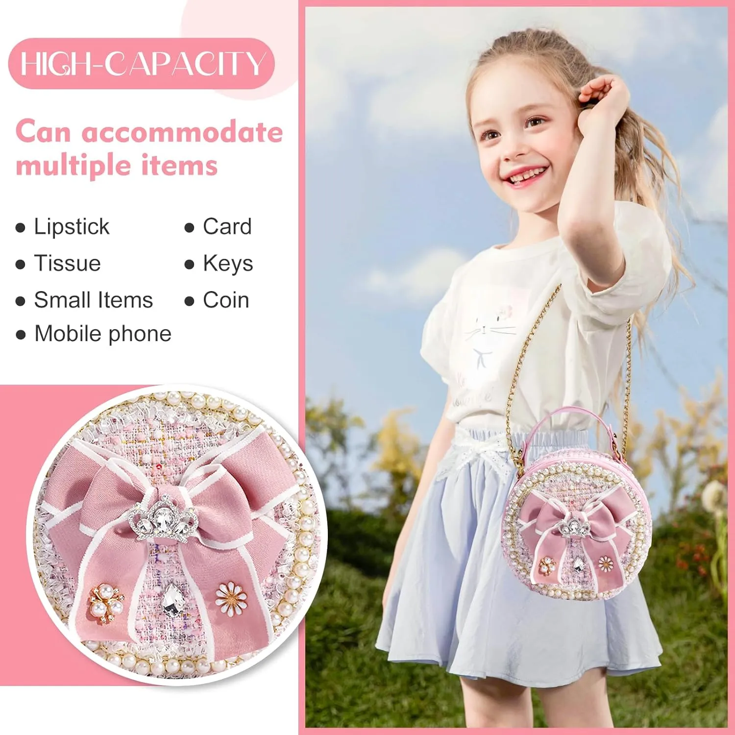 Girls Princess Bunny Purses Cute Crown Crossbody Bag Handbag with Pearl Handle for girls