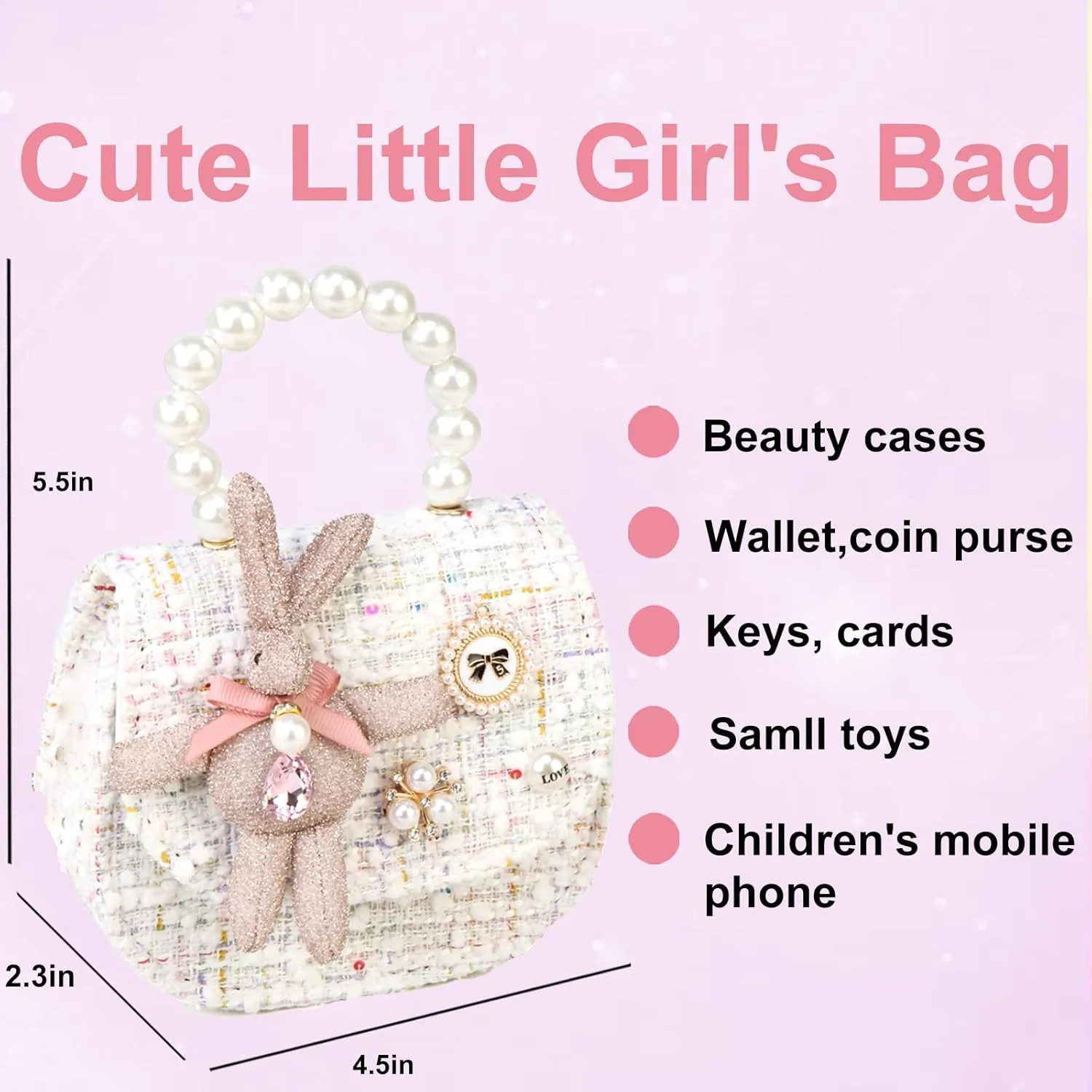 Girls Princess Bunny Purses Cute Crown Crossbody Bag Handbag with Pearl Handle for girls