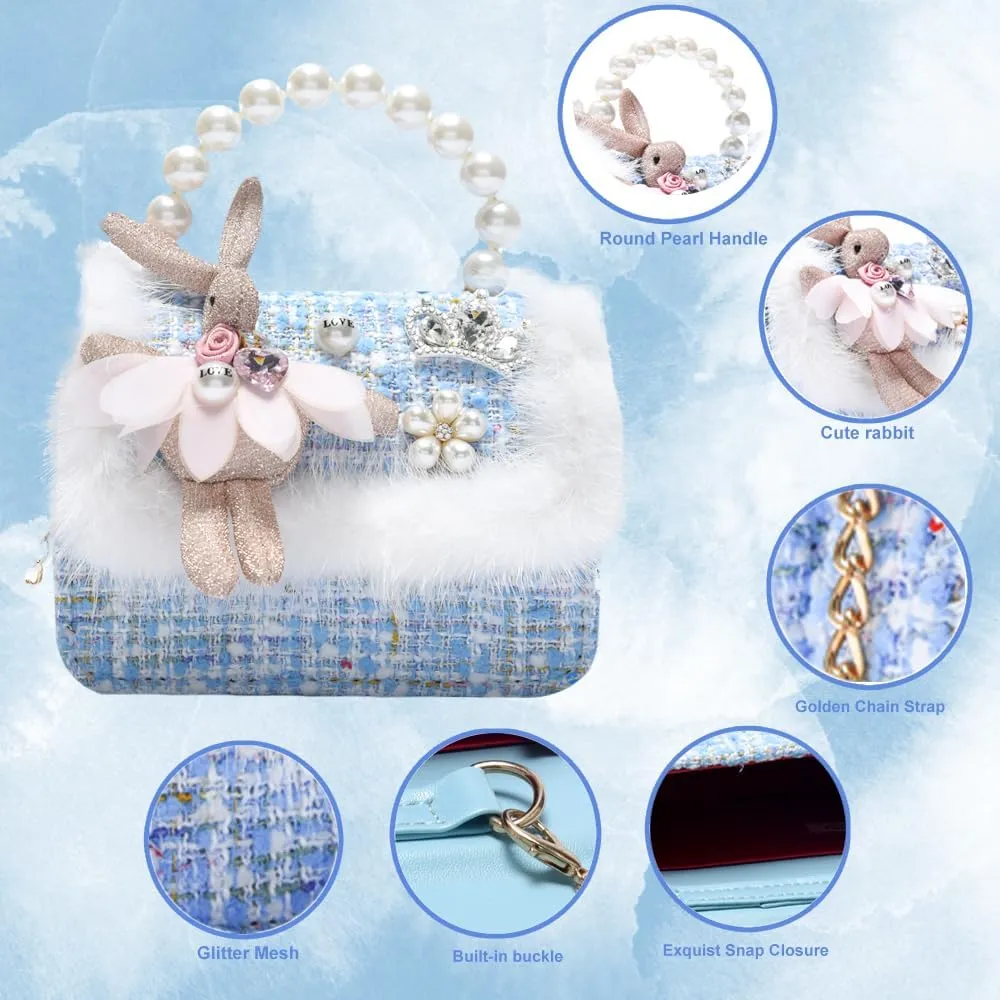 Girls Princess Bunny Purses Cute Crown Crossbody Bag Handbag with Pearl Handle for girls