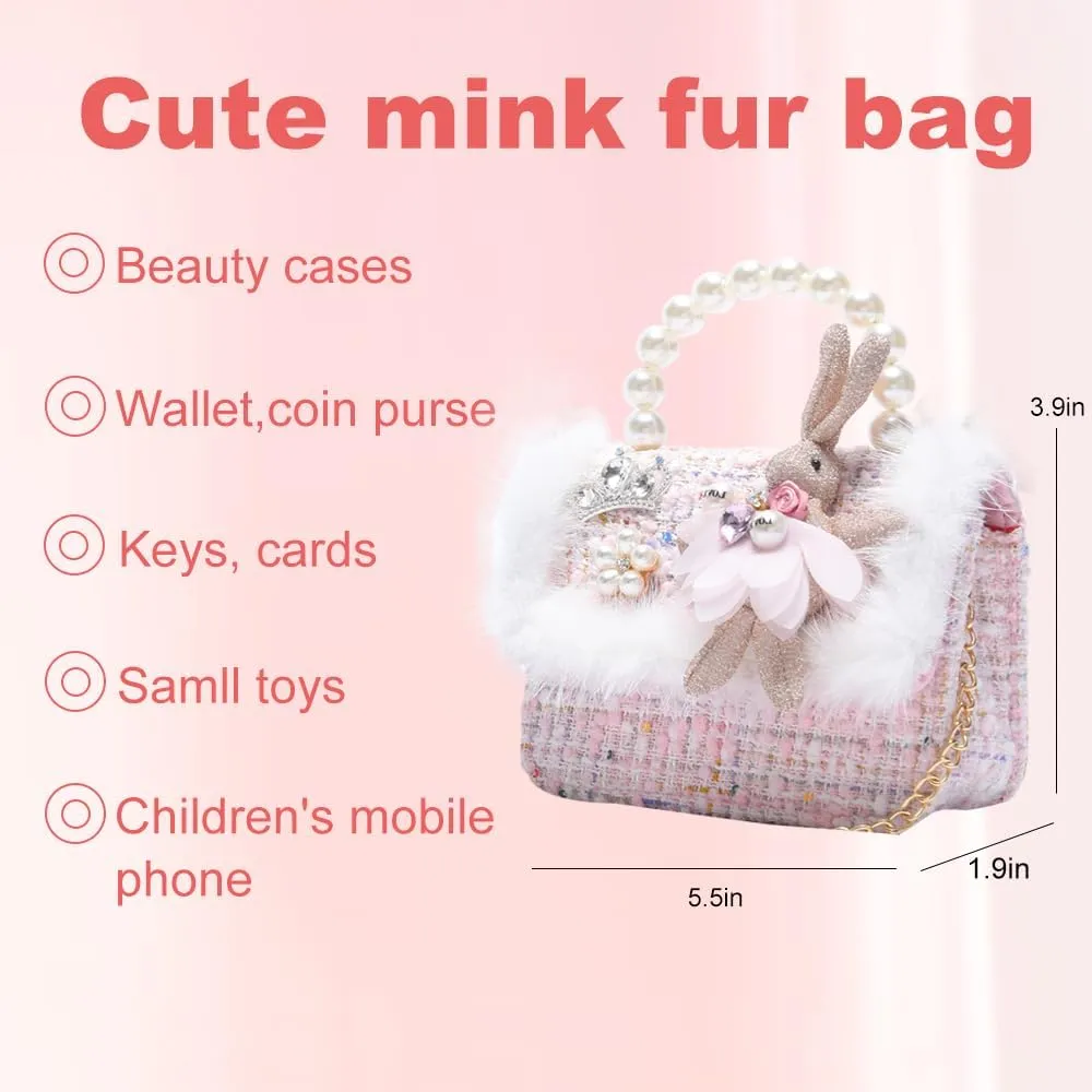 Girls Princess Bunny Purses Cute Crown Crossbody Bag Handbag with Pearl Handle for girls
