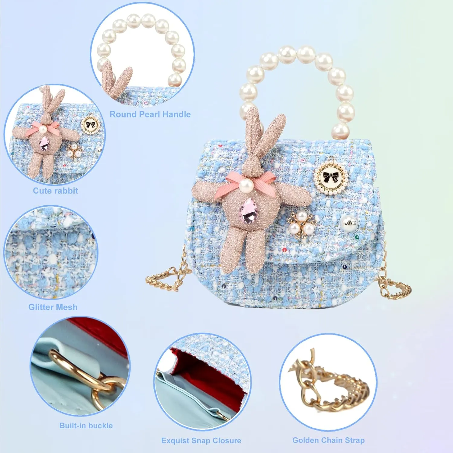 Girls Princess Bunny Purses Cute Crown Crossbody Bag Handbag with Pearl Handle for girls