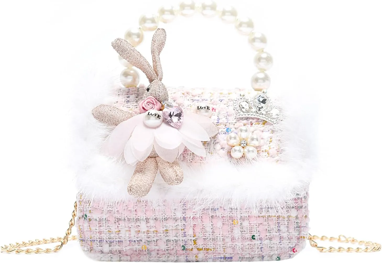 Girls Princess Bunny Purses Cute Crown Crossbody Bag Handbag with Pearl Handle for girls