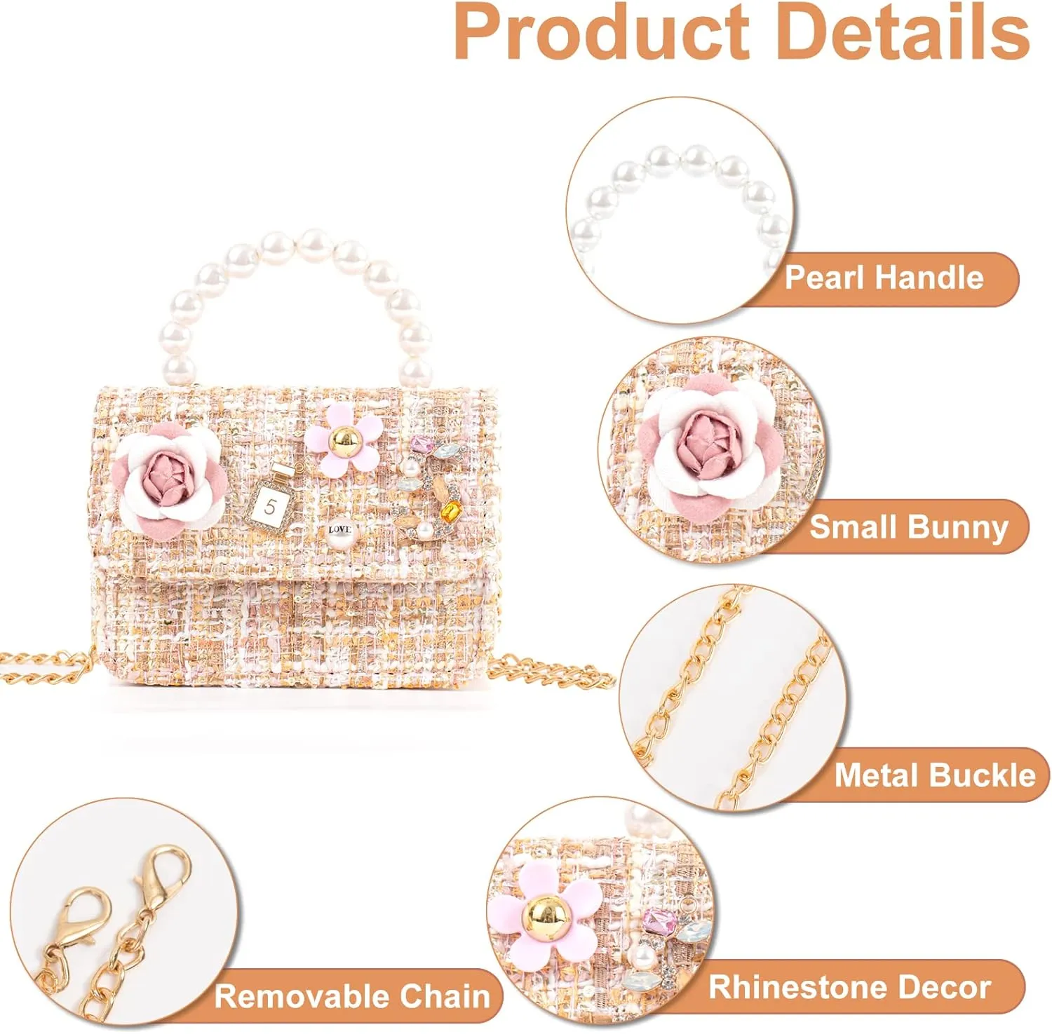 Girls Princess Bunny Purses Cute Crown Crossbody Bag Handbag with Pearl Handle for girls